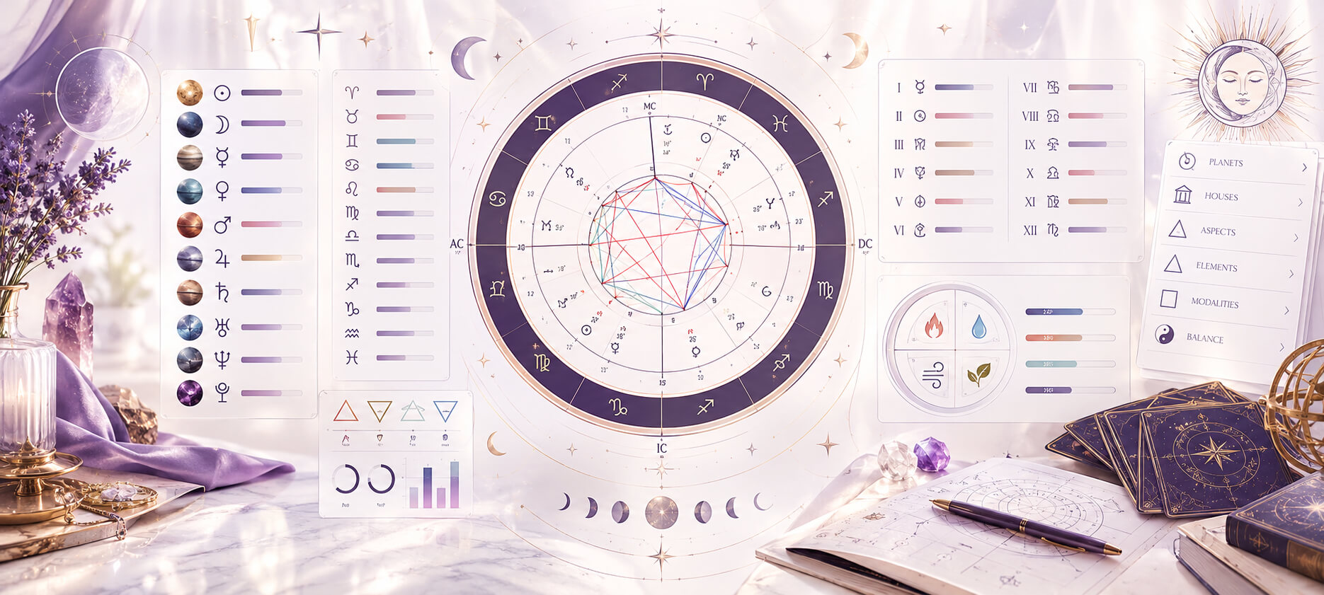 Online calculation of Natal Chart by date, time, and place of birth with full interpretation of houses and planets