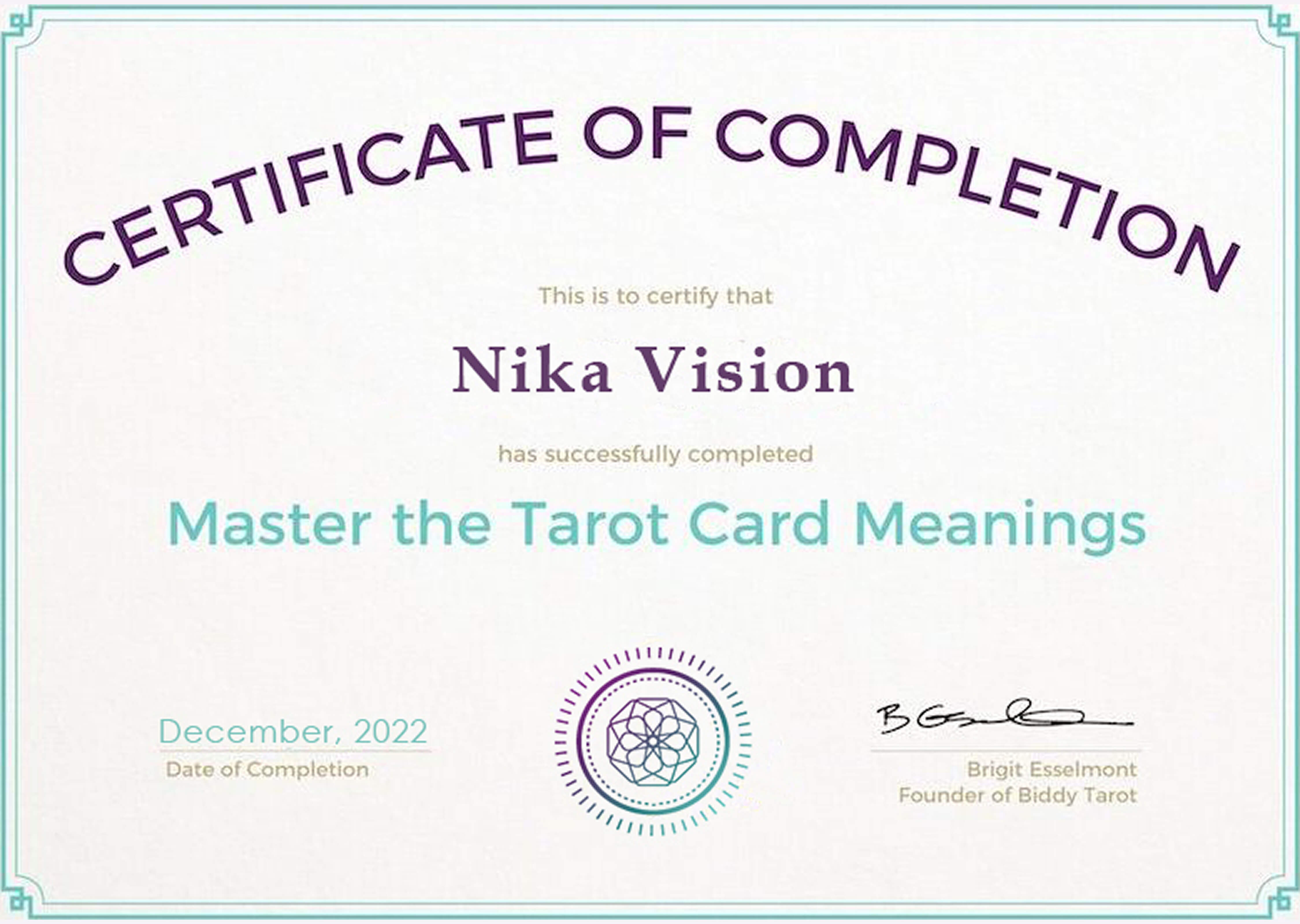 Certificate Tarot Master by Biddy Tarot, DEC.2022