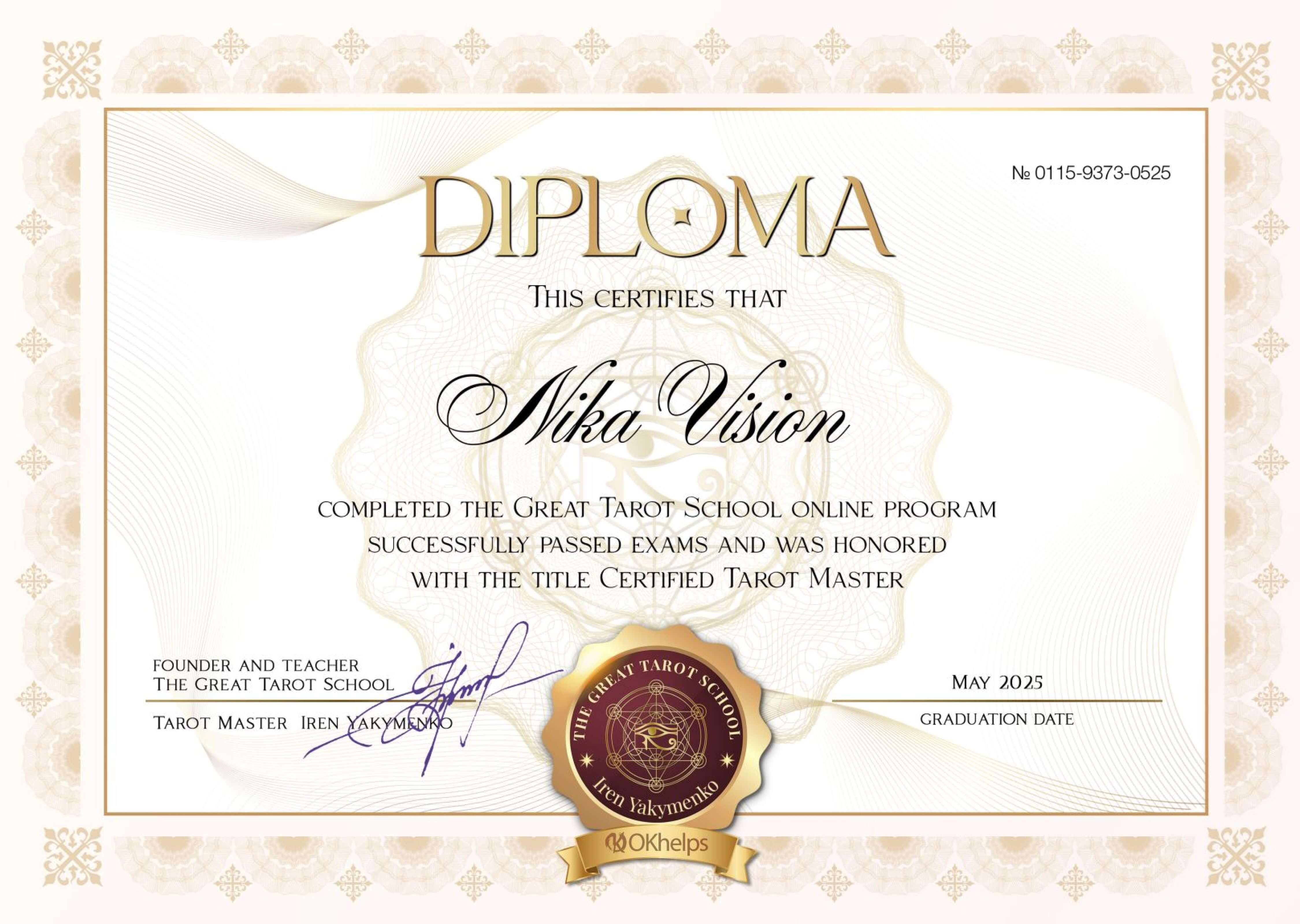 Diploma Tarot Master by Great Tarot School, MAY.2025