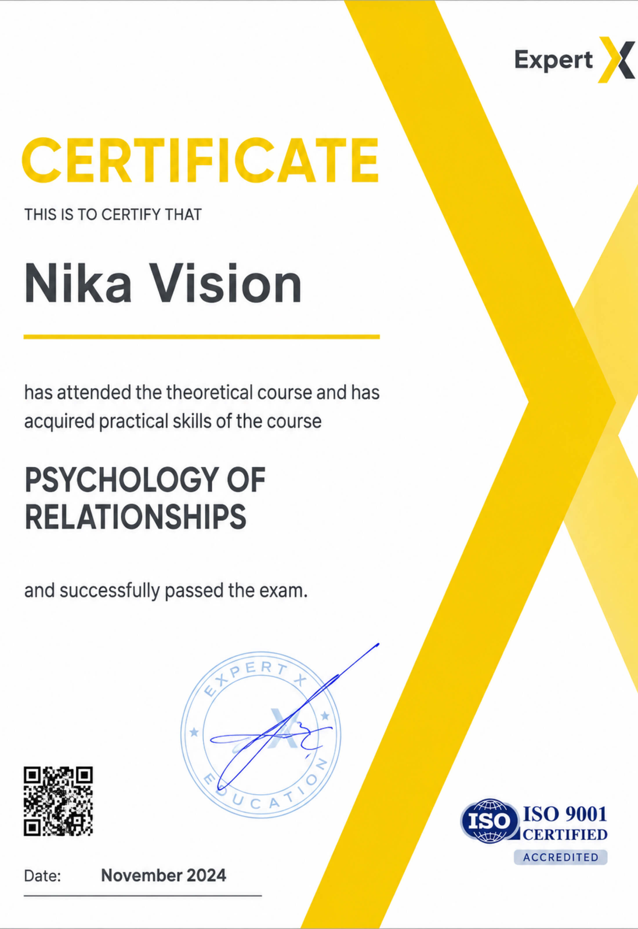 Certificate Expert Psychology of Relationship, NOV.2024
