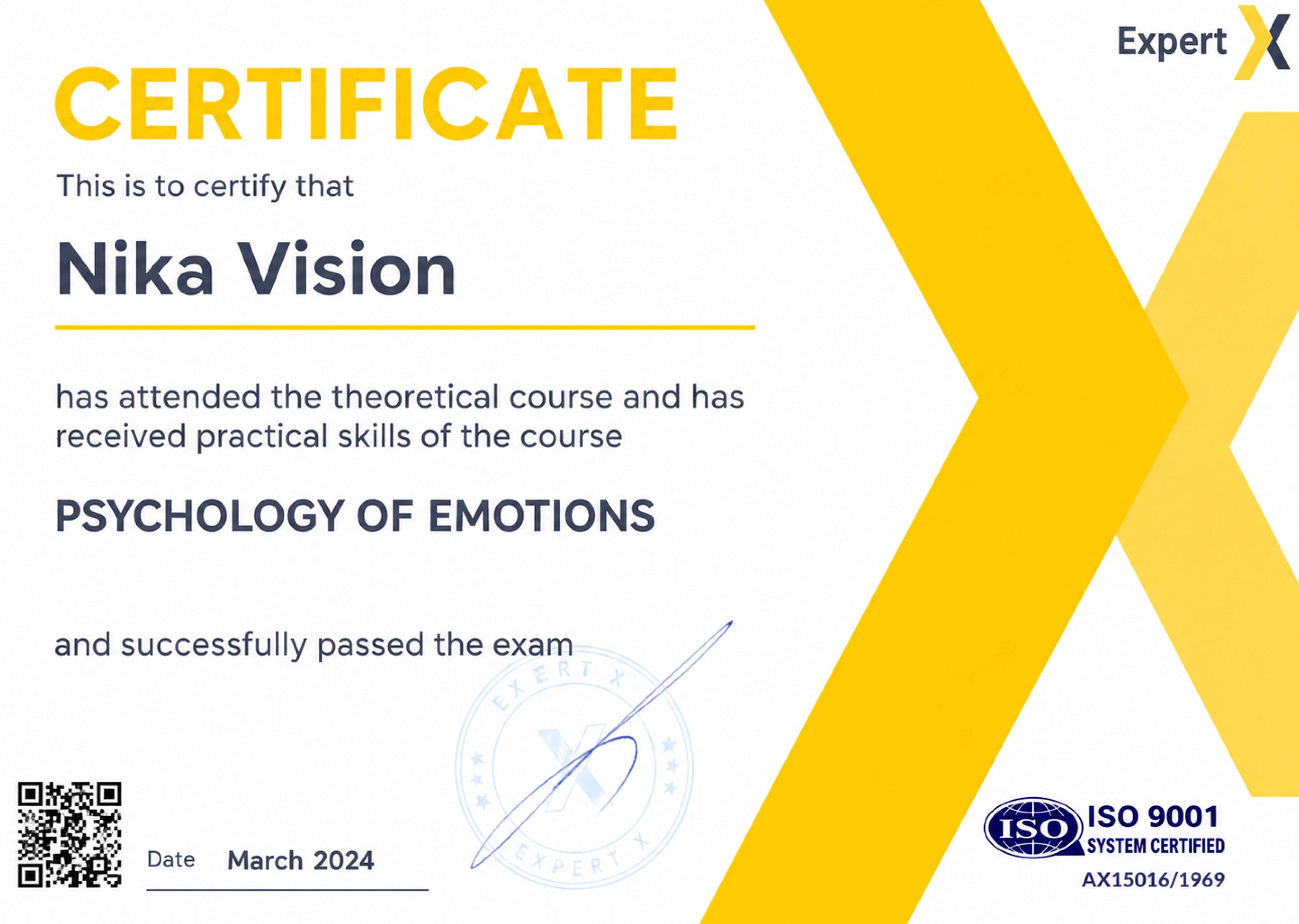 Certificate Expert Psychology of Emotions, MAR.2024